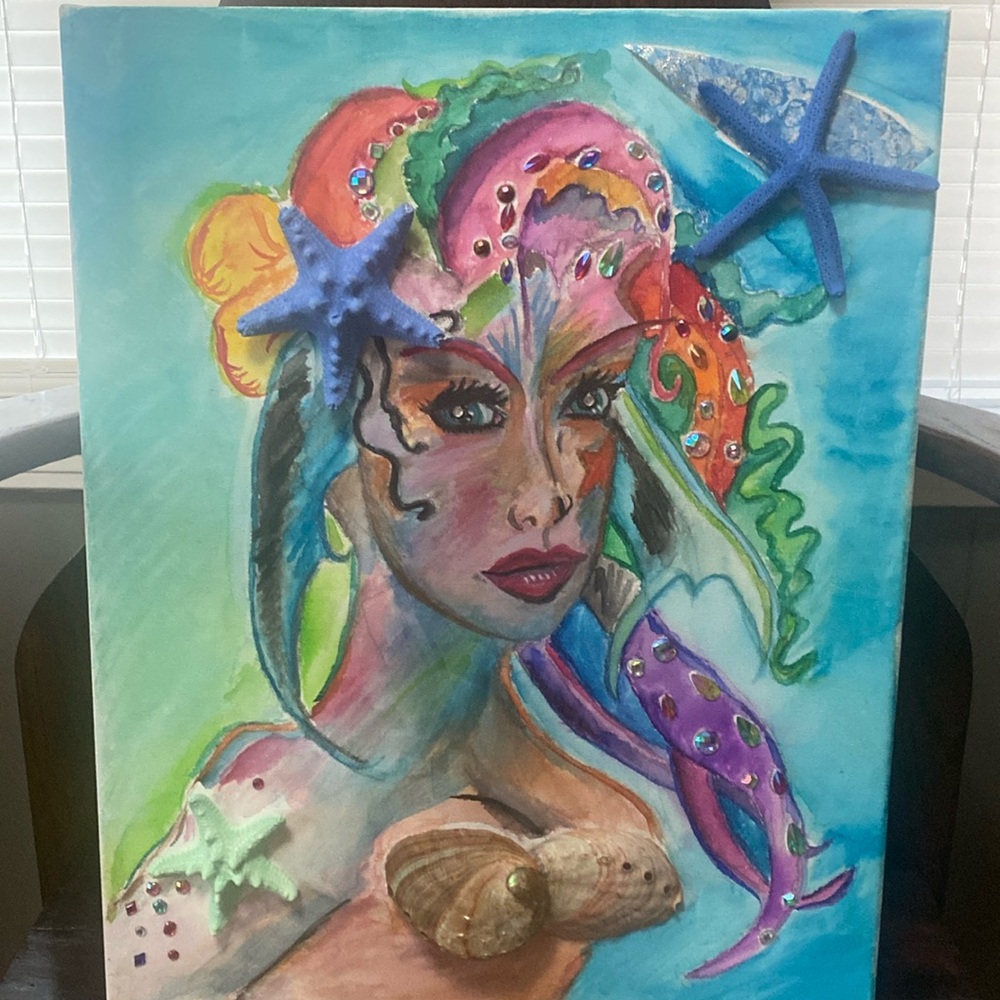 “Mermaid Mystique” OOAK hand painted watercolor of a mermaid 16”x20”